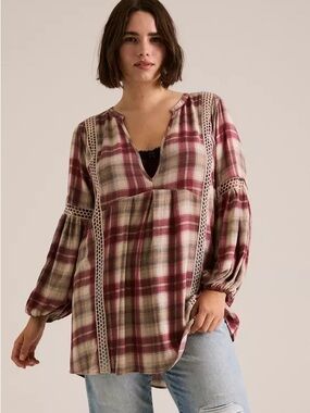 Torrid Festi Deep Red and Tan Plaid V-Neck Tunic with Lace Insets